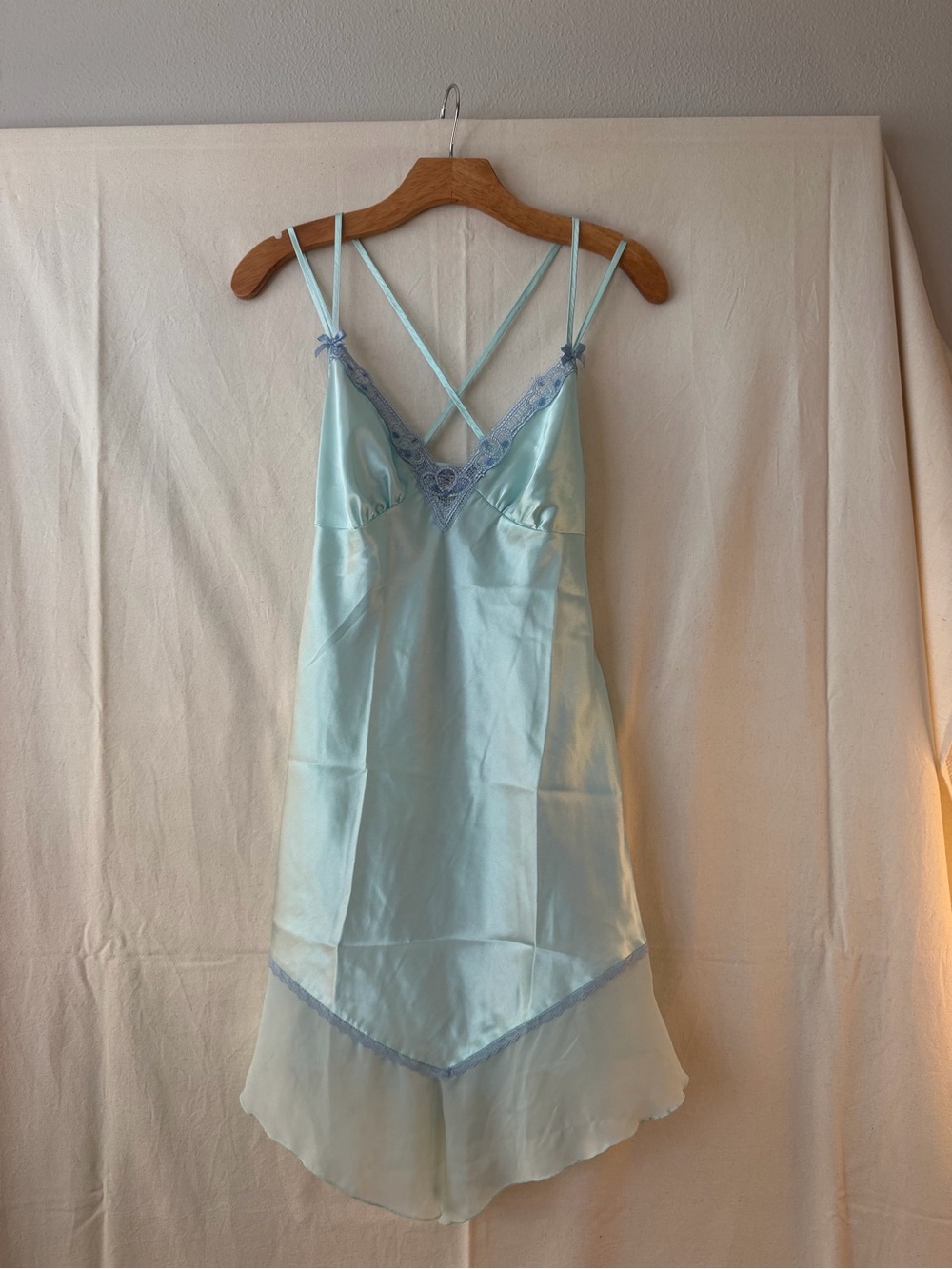 Vintage Light Blue Satin Slip Dress with Crisscross Straps California Dynasty